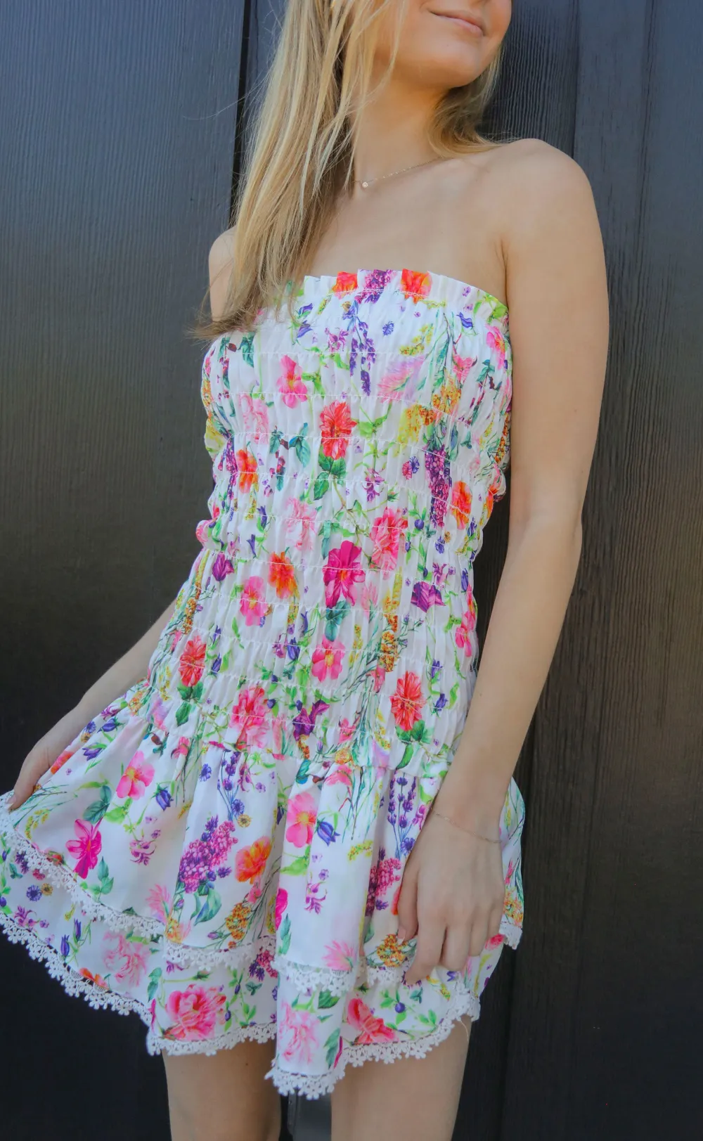 Strapless Multicolor Floral Mini Dress