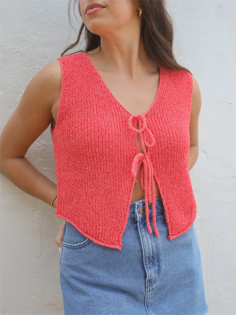 V Neck Tie Front Cropped Knit Top