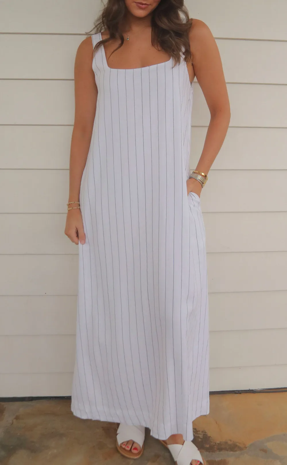 White Striped Sleeveless Maxi Dress