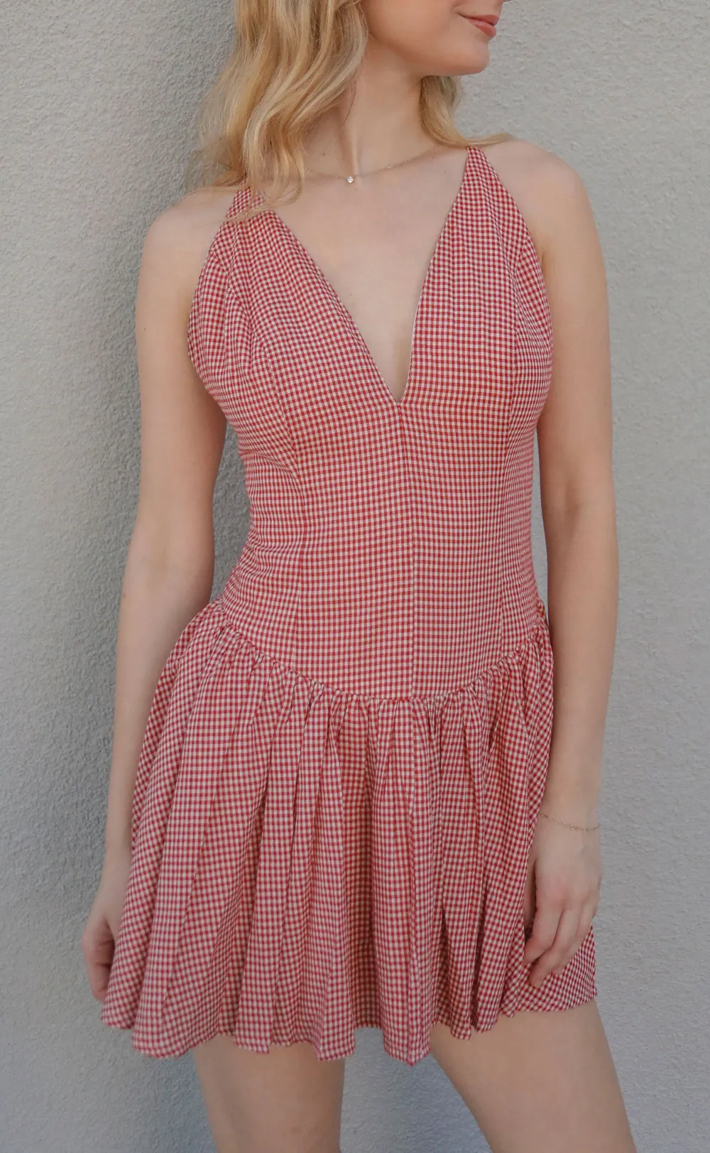 Red Gingham V Neck Ruffled Dress