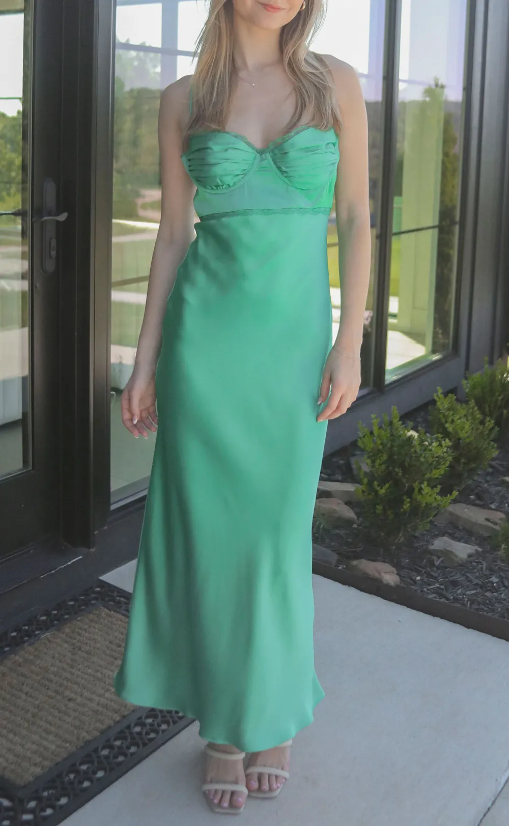 Green Ruched Spaghetti Strap Maxi Dress