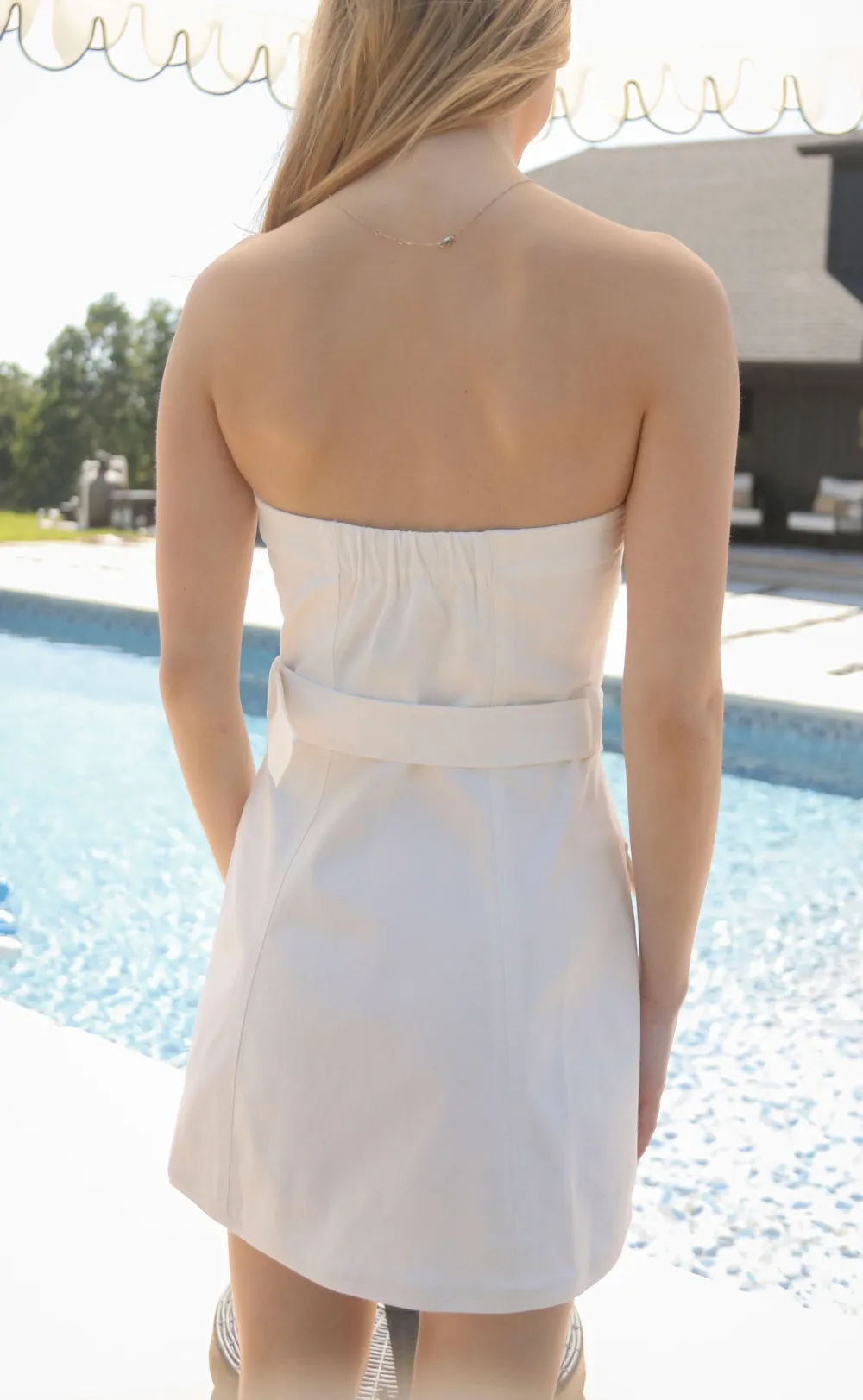 White Strapless Belted Pocketed Dress