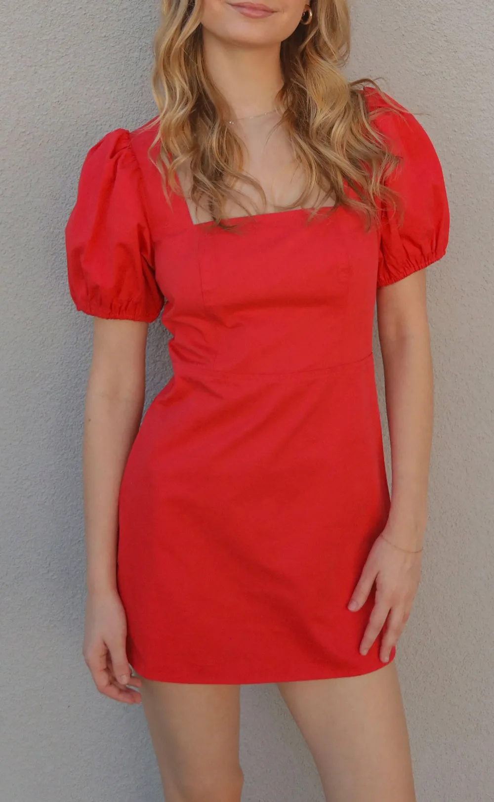 Red Puff Sleeve Square Neck Mini Dress