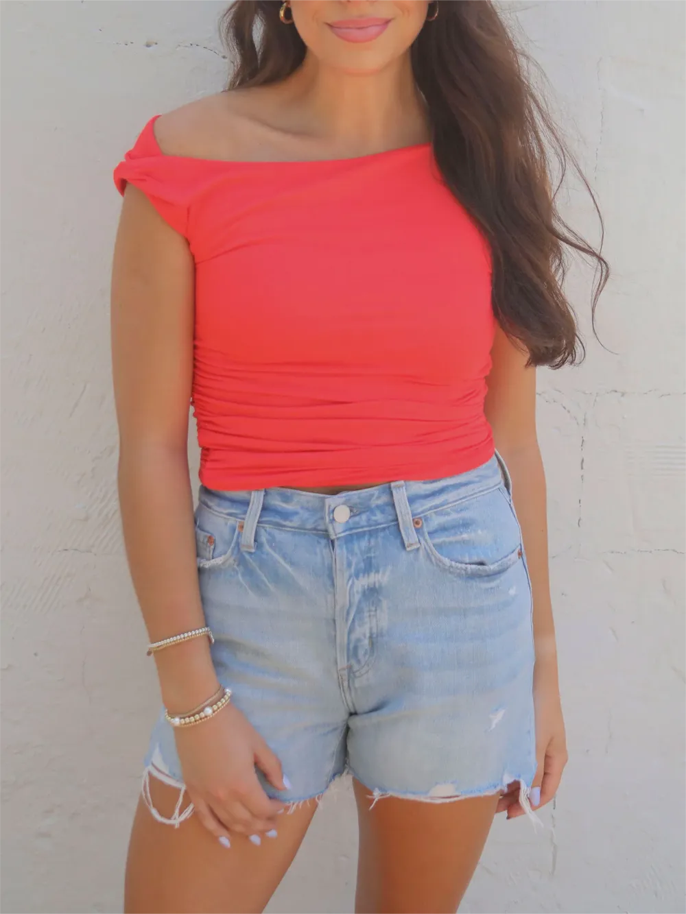 Coral Sleeveless Ruched Knit Crop Top