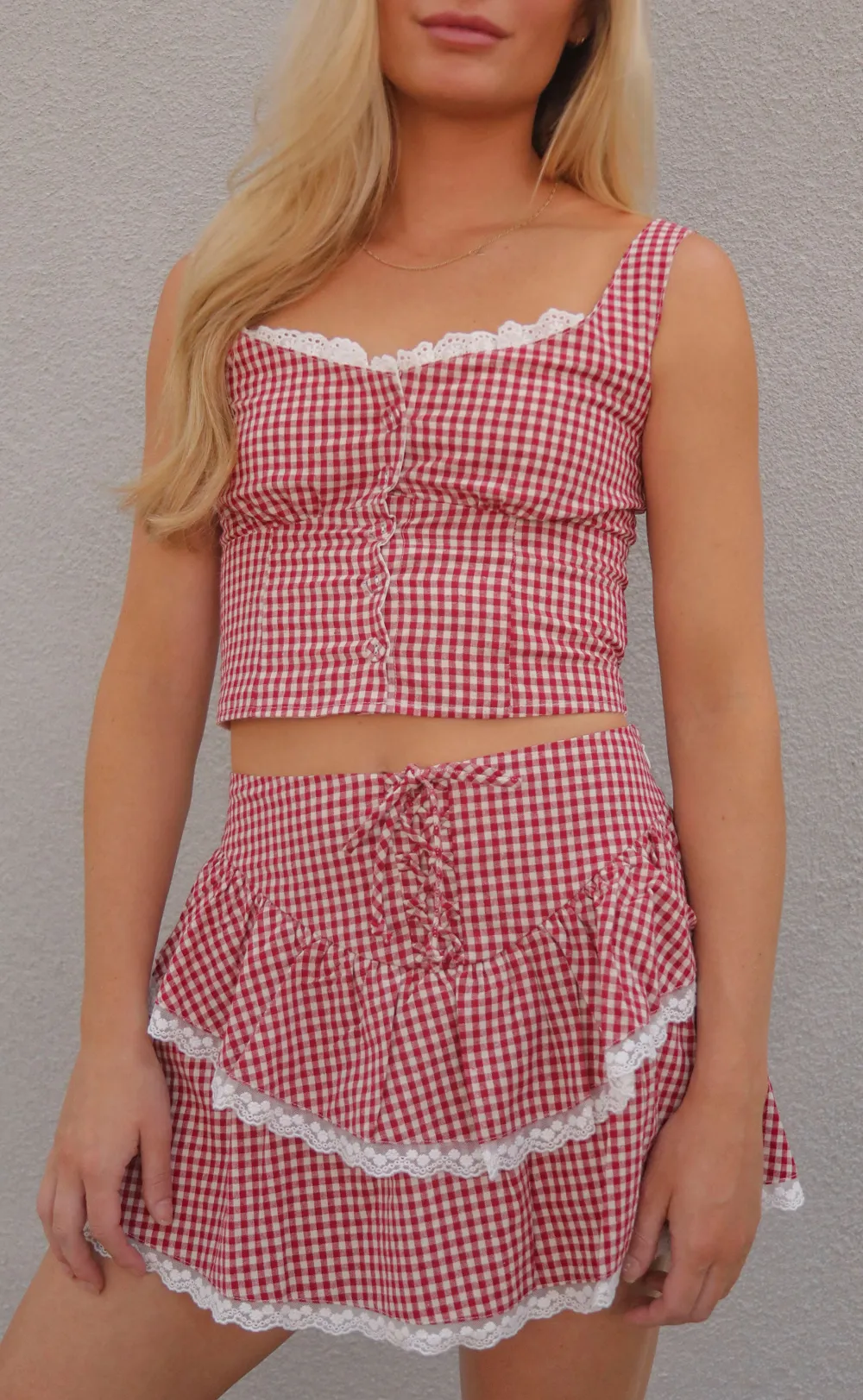 Gingham Ruffled Crop Top and Skirt Set
