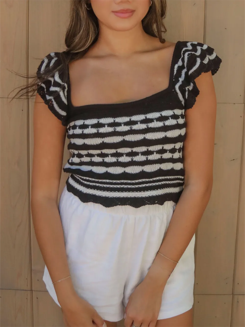 Square Neck Ruffled Striped Top